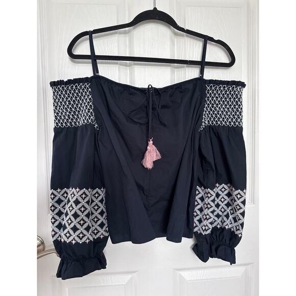 Rebecca Minkoff Off the Shoulder navy Embroidered smocked Peasant Top Boho XL - Picture 3 of 16